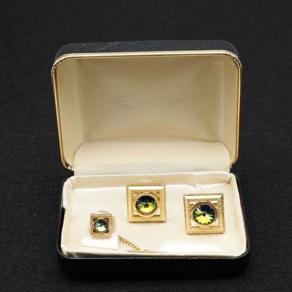 1960s 10k Gold Plated Envoy Cufflinks Tie Tack Set